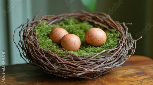 Nest with three brown eggs resting on green moss in a natural setting