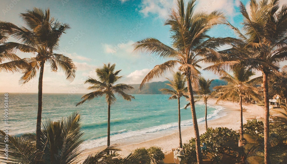 Obraz premium Beautiful Vintage tropical beach with palm trees, sunset beach seascape, design template for travel banner, faded picture.