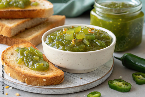  Green pepper jelly with toast and fresh jalapenos on gray background photo