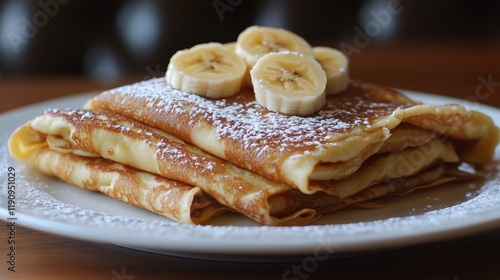 Delicious pancakes topped with bananas and powdered sugar served on a white p...