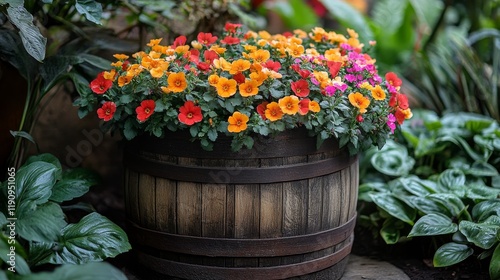 Vibrant orange and pink flowers blooming in a rustic barrel planter in a lush...