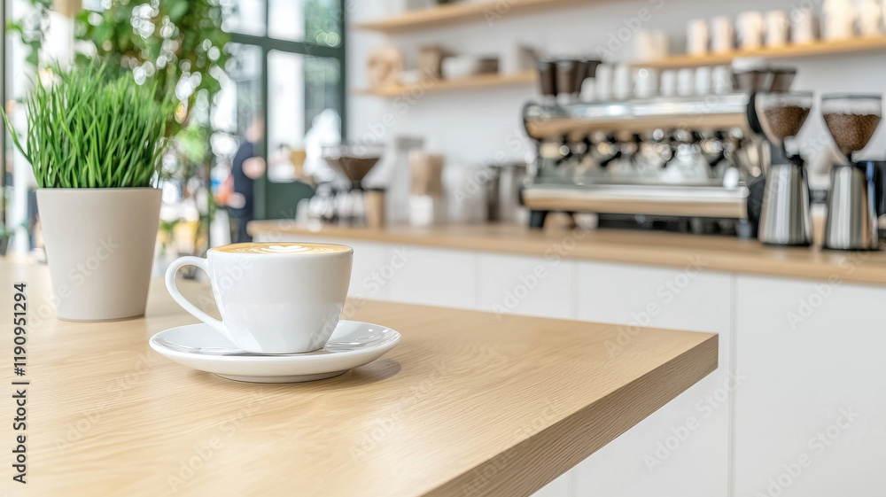 coffee cup on wooden table in modern cafe with greenery and equipment coffee cup on wooden table in modern cafe with greenery and equipment