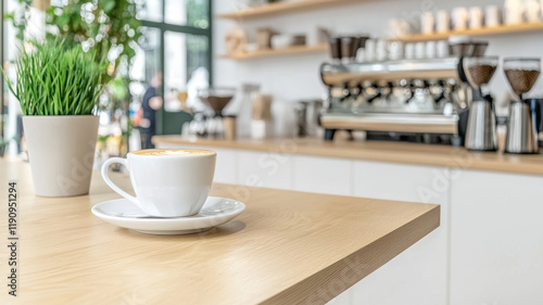 Wallpaper Mural coffee cup on wooden table in modern cafe with greenery and equipment Torontodigital.ca