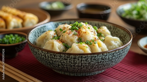 Delicious dumplings served on a decorative table in a cozy setting with plant...