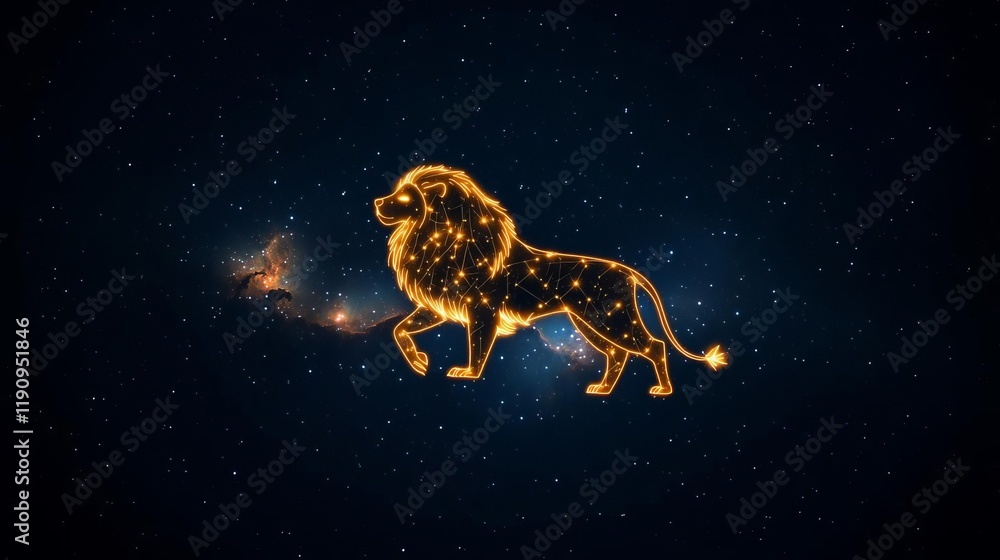 Golden Leo constellation forming a glowing lion against a nebula-filled backdrop Golden Leo constellation forming a glowing lion against a nebula-filled backdrop