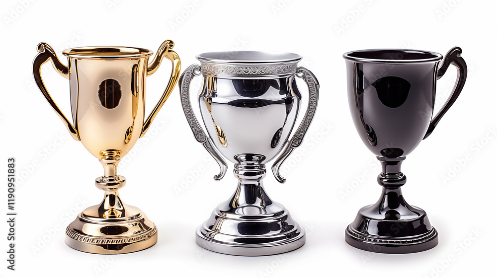 A trio of elegant trophies in gold, silver, and black, symbolizing achievement and success in competitions and awards A trio of elegant trophies in gold, silver, and black, symbolizing achievement and success in competitions and awards