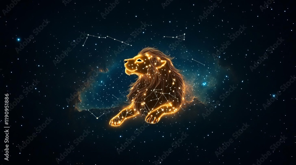 Fototapeta premium Golden Leo constellation forming a glowing lion against a nebula-filled backdrop