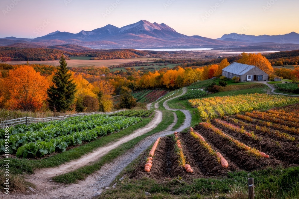 Fototapeta premium A picturesque scene of a vegetable garden with rows of lettuce, carrots, and radishes under a clear blue sky
