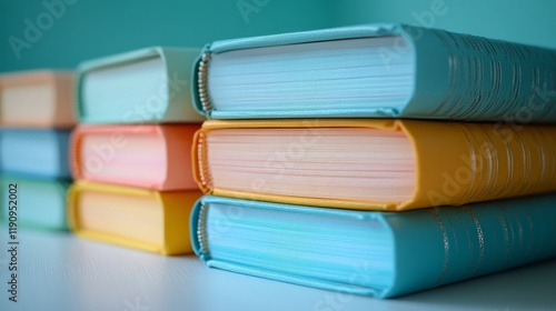 Colorful stack of notebooks arranged neatly on a marble surface for creativit...