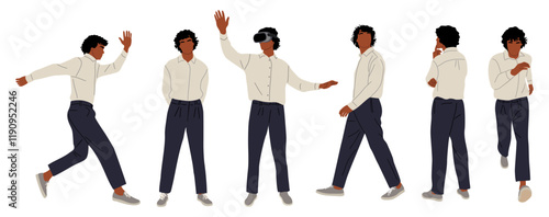 Set of Businessman character in different poses. Handsome man standing, walking, running, using VR headset, front, side, rear view. Vector flat illustration isolated