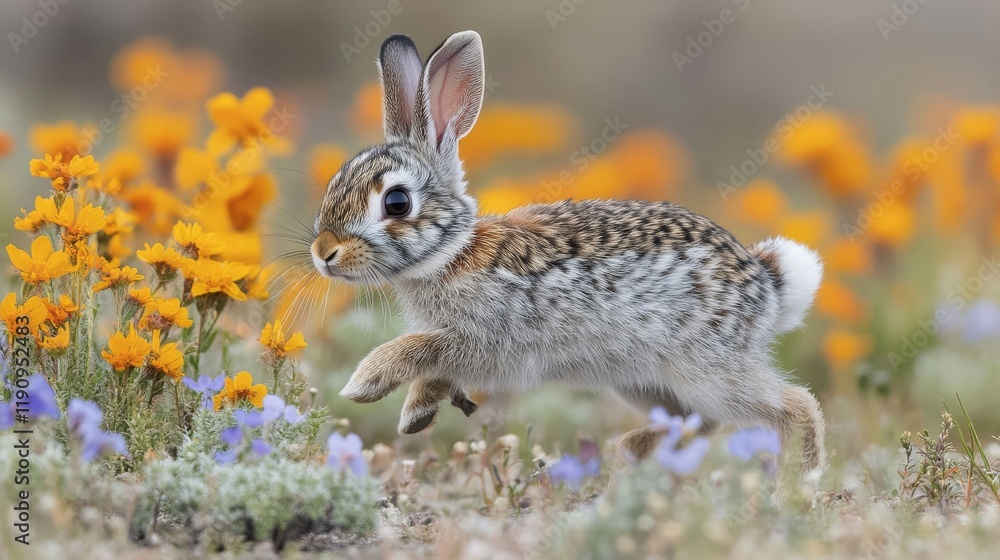Fototapeta premium Rabbit exploring a vibrant flower field during sunny spring day