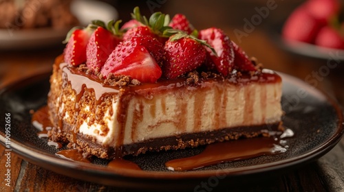 Delicious cheesecake with strawberries and chocolate sauce on a wooden table