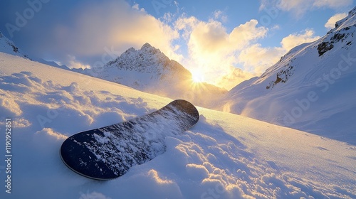 Snowboard resting on fresh snow with a stunning mountain backdrop at sunset