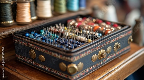 Colorful spools of thread arranged neatly in a wooden tray at a creative work...