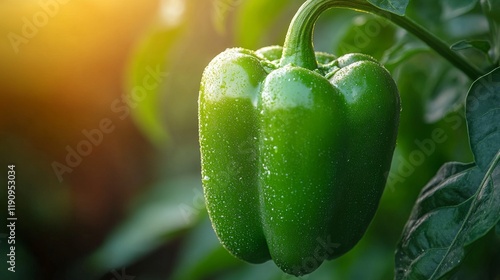 Fresh green bell peppers growing in a lush garden at sunset