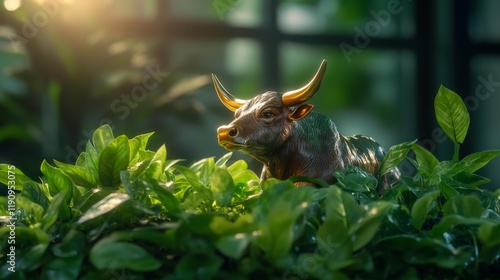 Modern nature-inspired bull figurine in lush green surroundings. Generative AI photo