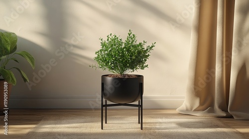 Indoor plant in modern planter on stand with natural light streaming through ...