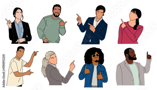 Set of different People pointing to the side and up with fingers. Diverse Men, women showing with hands, gesturing. Vector Characters for the presentation of goods or services 