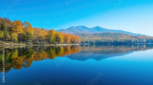 Serene Autumn Landscape at Lake with Mountain Backdrop, Colorful Trees Reflecting on Calm Water Surface