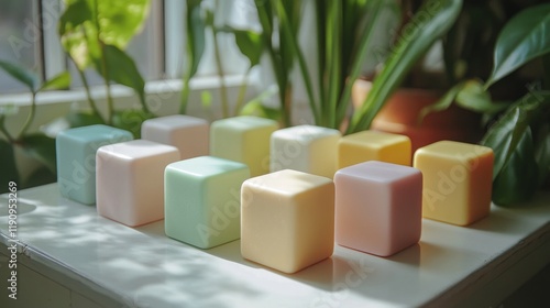 Soft pastel colored cubes arranged on a table surrounded by green plants duri...