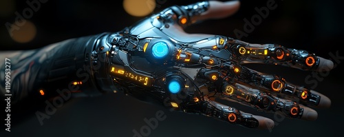 Human hand with tattoos and robotic components, digital tech interfacing with skin, warning of the dangers of transhumanism and overreliance on advanced cybernetic modifications photo