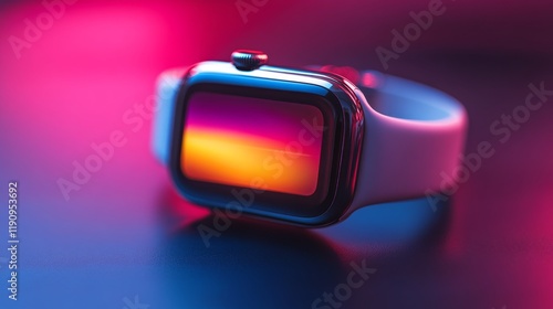 Futuristic smartwatch glowing with vibrant lights on a wooden surface in low ...