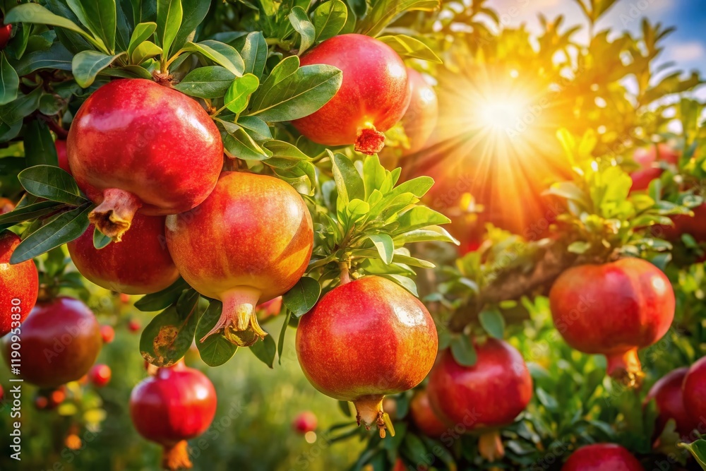 Panoramic View of Ripe Pomegranates on Branch, Lush Green Leaves, Autumn Harvest