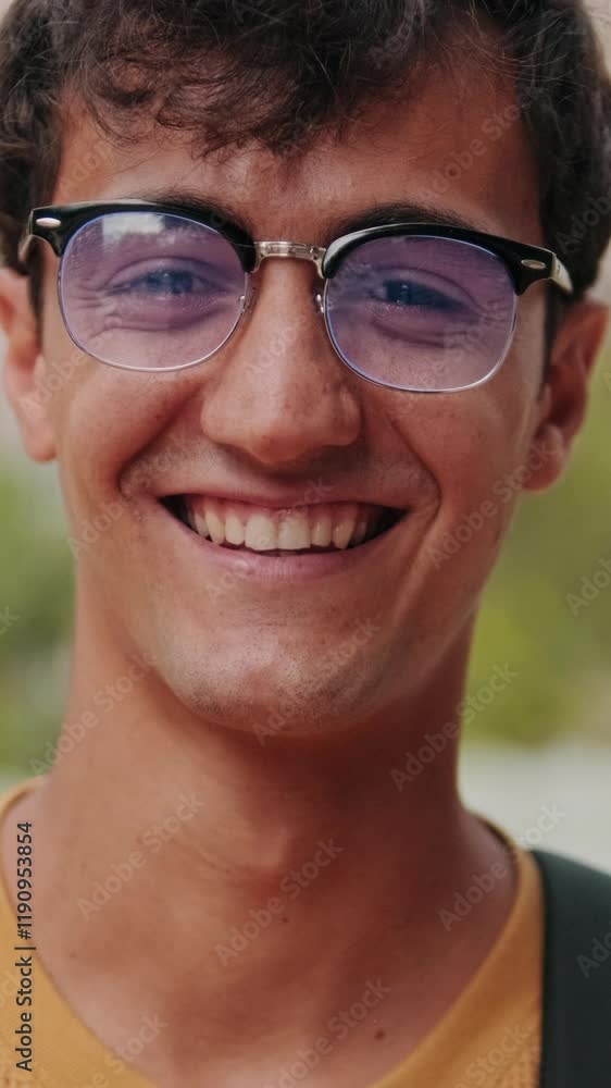 Close up of European young man, cute geeky male studet smiling outdoors Close up of European young man, cute geeky male studet smiling outdoors