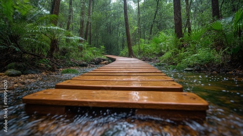 Beautiful wooden bridge over a tranquil stream in a lush green forest setting