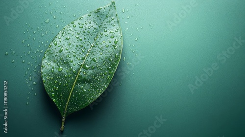 Fresh green leaf with water droplets on a textured surface showcasing nature'...