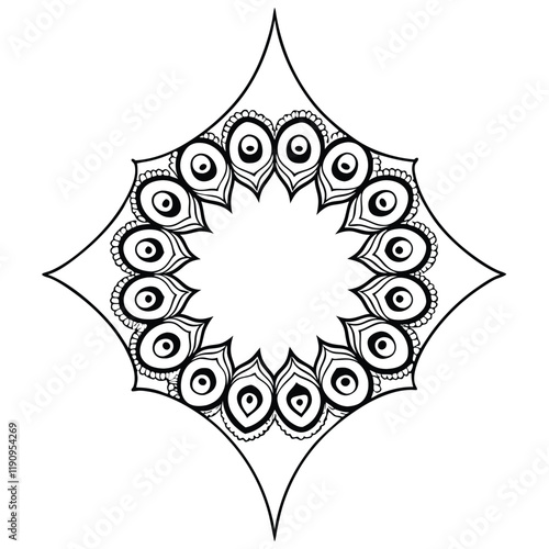 A vector illustration of a mandala silhouette with a white background. The mandala has a circular pattern with multiple layers of interlocking geometric shapes, including triangles, squares, and circl