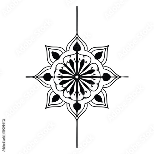 A vector illustration of a mandala silhouette with a white background. The mandala has a circular pattern with multiple layers of interlocking geometric shapes, including triangles, squares, and circl