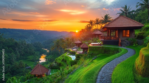 Stunning sunset over lush resort with traditional architecture in a tropical ...