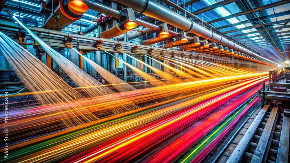 Obraz premium Panoramic View of Textile Factory Machinery in Motion, Rhythmic Weaving Process