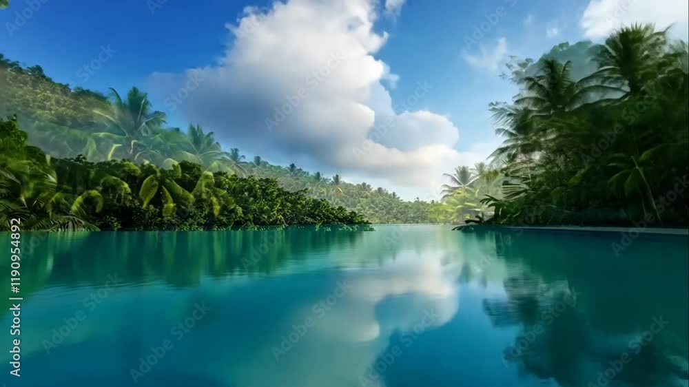 Tranquil infinity pool nestled amongst lush tropical foliage, reflecting a vibrant sky. Tranquil infinity pool nestled amongst lush tropical foliage, reflecting a vibrant sky.