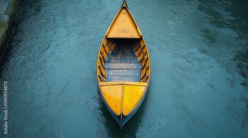 Tranquil blue boat on calm waters reflecting morning mist in serene landscape