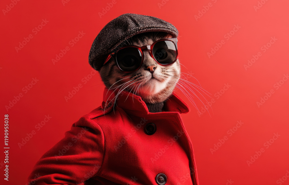 A cat dressed in a vibrant red trench coat and fashionable sunglasses stands confidently against a bold red background, showcasing a unique and playful sense of style. A cat dressed in a vibrant red trench coat and fashionable sunglasses stands confidently against a bold red background, showcasing a unique and playful sense of style.