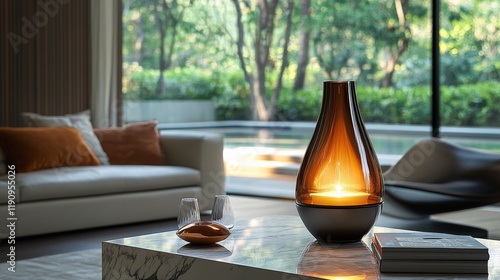 Stylish living room with modern furniture and warm decorative elements in an ...