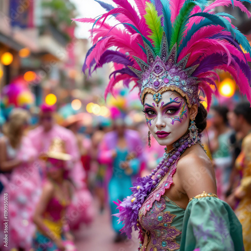 A joyful Masskara Festival street dancer in colorful costume faces the camera during a lively Mardi Gras parade, set against a soft pastel pink background.