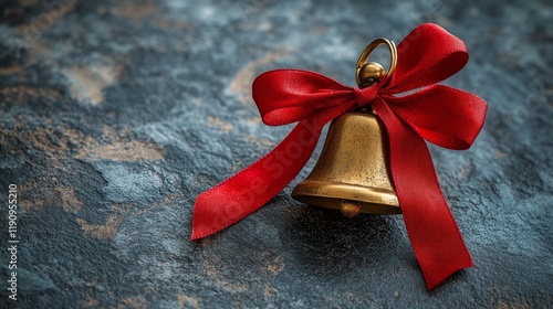 Golden bell adorned with a red bow on a dark textured background for festive ...