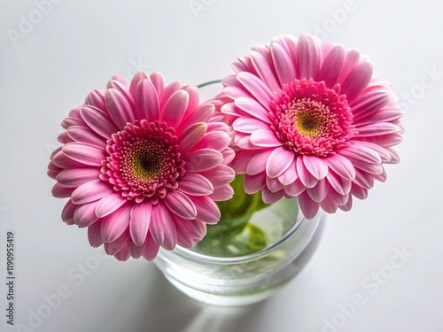 Panoramic View of Two Pink Flowers in a Vase on a White Background