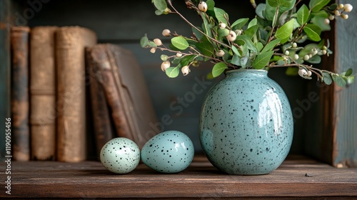 Beautiful speckled vase with eggs and greenery arranged on a wooden shelf in ...