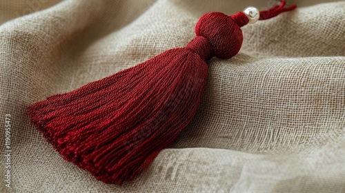 Beautiful red tassel with silver detail resting on beige fabric