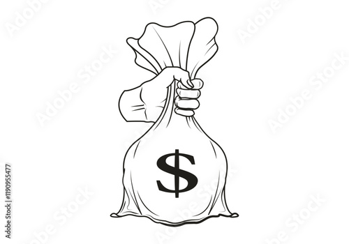 Line art illustration of a hand holding a money bag with dollar symbol. Suitable for describing work wages, salary payments and finances.