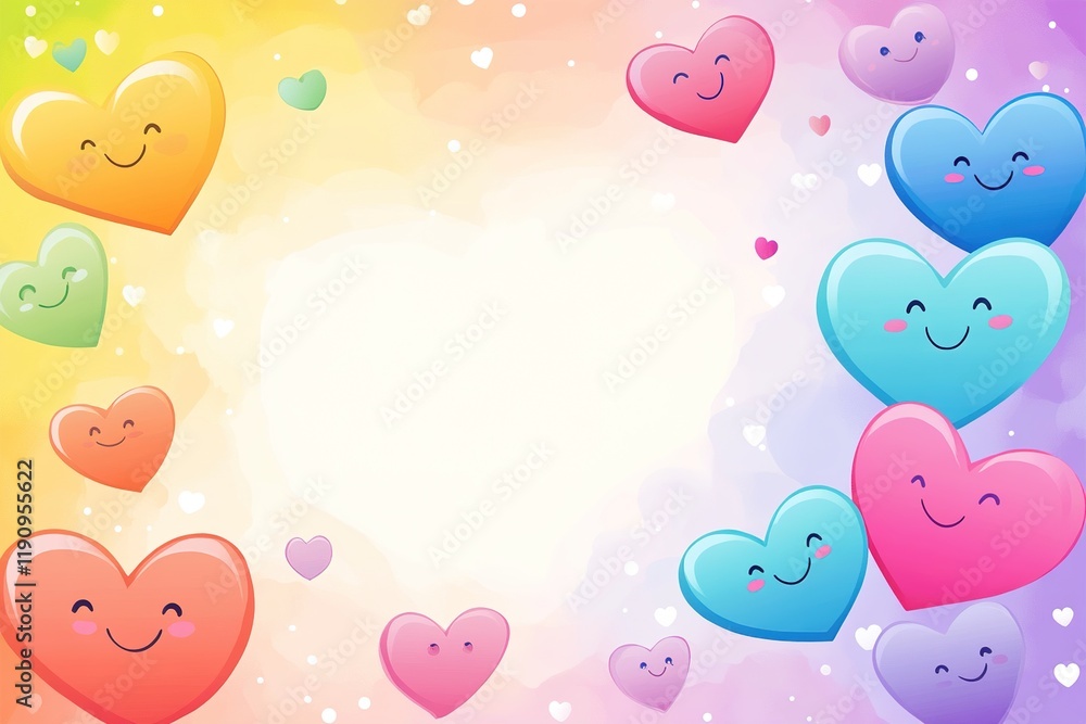 Colorful classroom card featuring rainbow hearts with smiling faces and a space for personalized messages Colorful classroom card featuring rainbow hearts with smiling faces and a space for personalized messages