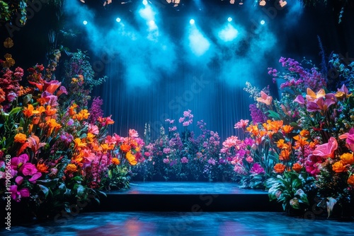 Vibrant floral stage setup illuminated by dramatic lighting for a performance...