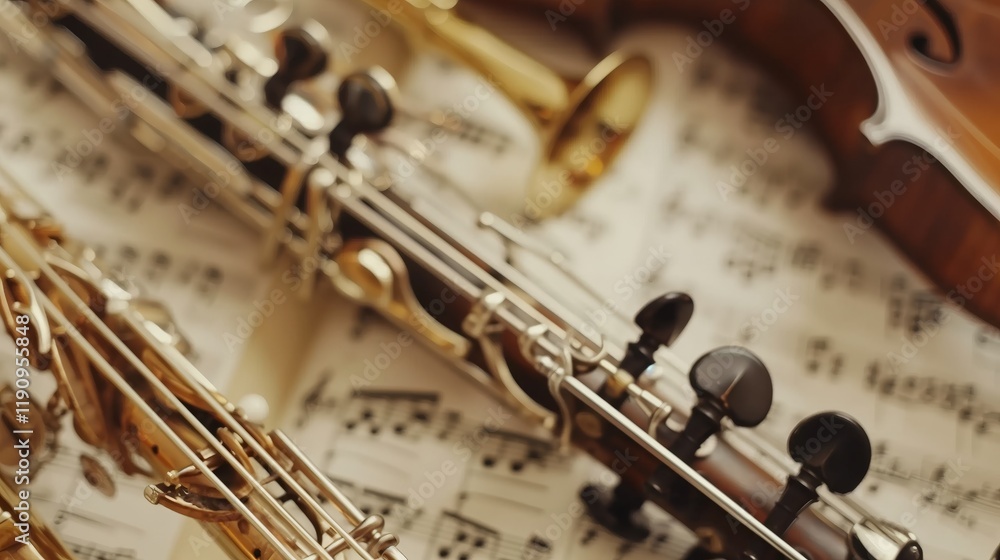 Obraz premium Various musical instruments lie on sheet music of a symphony