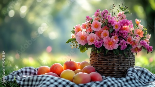 Colorful summer flowers and fresh apples in a picnic setting under sunlight