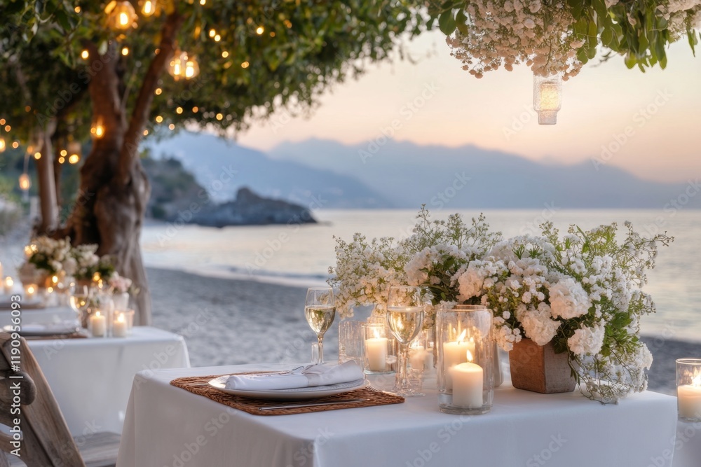 Obraz premium A serene beachside dinner setup, with a table for two adorned with candles, flowers, and a breathtaking ocean view