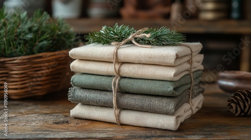 Gift boxes with festive decorations placed on a wooden table near a glowing f...